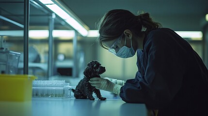 Fototapete - Friendly veterinarian gently examining a small dog in a clean, well-lit clinic showing a caring pet healthcare environment with side empty space for text Stockphoto style