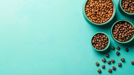 Wall Mural - Brightly packaged pet food displayed on a clean surface with bowls and treats emphasizing quality pet products with side empty space for text Stockphoto style