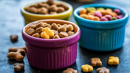 Fototapete - Brightly packaged pet food displayed on a clean surface with bowls and treats emphasizing quality pet products with side empty space for text Stockphoto style