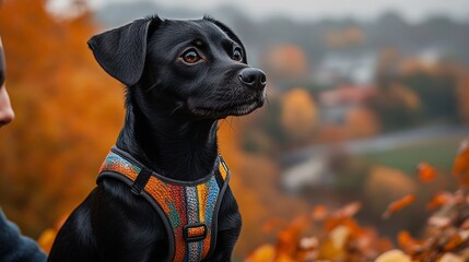 Sticker - Dog standing near a scenic mountain view wearing a colorful harness with owner nearby capturing travel moments with side empty space for text Stockphoto style