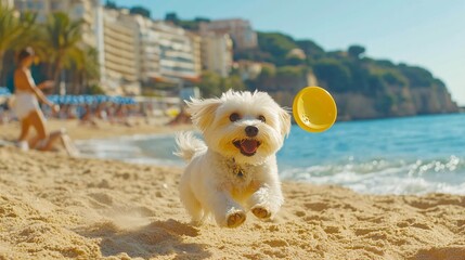 Fototapete - Small dog running along sandy beach near the water while owner throws a frisbee in a playful travel scene with side empty space for text Stockphoto style