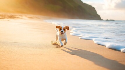 Fototapete - Small dog running along sandy beach near the water while owner throws a frisbee in a playful travel scene with side empty space for text Stockphoto style