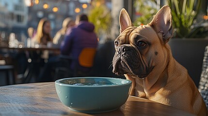 Fototapete - Dog enjoying a pet-friendly cafe sitting on outdoor seating next to a water bowl and colorful surroundings with side empty space for text Stockphoto style