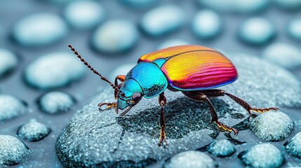 Poster -   A vibrant insect rests atop a stone beside multicolored orbs and azure spheres, surrounded by gray terrain with air bubbles