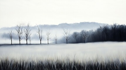 Wall Mural -   A foggy landscape painting featuring trees in the foreground and a hazy field in the background