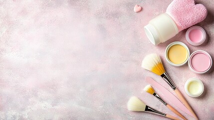 Wall Mural -   Makeup set with brushes, sponge, cream, & heart on pink background