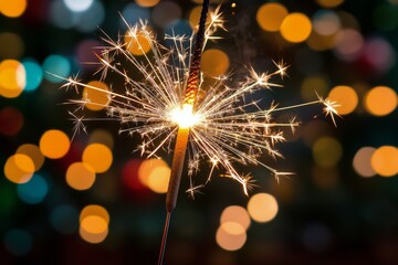 Poster - Sparkler glowing brightly amidst a dark background with blurred lights during a festive celebration