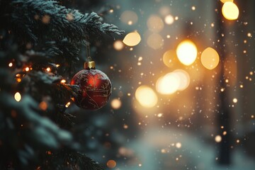 Wall Mural - Snowy winter evening with Christmas tree decorations and street lights glowing warmly