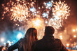 © eshana_blue - Young couple watching amazing fireworks exploding in night sky during new year's eve celebration