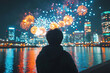 © eshana_blue - Tourist enjoying colorful fireworks exploding over illuminated city buildings reflected on water at night