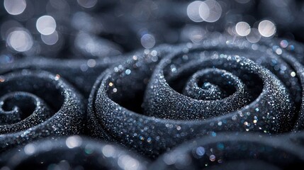 Poster - close-up shot of silver glittered spirals on black background background is blurred