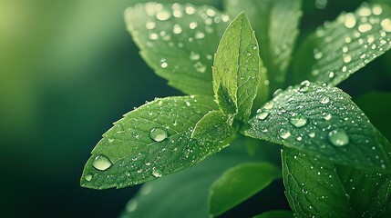 Wall Mural - a macro shot of a wet green foliage, surrounded by lush greenery