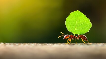 Wall Mural -   A pair of red ants perch on a wooden floor adjacent to a green leaf resting atop a chunk of wood