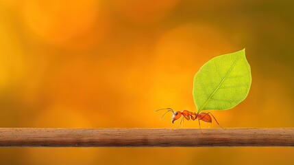 Wall Mural -   An ant on wooden board with green leaf, against yellow backdrop