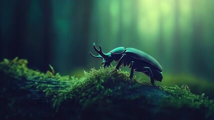 Wall Mural -   A bug perched atop a moss-covered ground, in front of a dense forest filled with verdant green trees