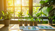 © KeetaKawee - Captivating Scene of Fresh Green Plants on a Wooden Table with Charts and Natural Light Streaming Through Windows in a Lively Indoor Environment