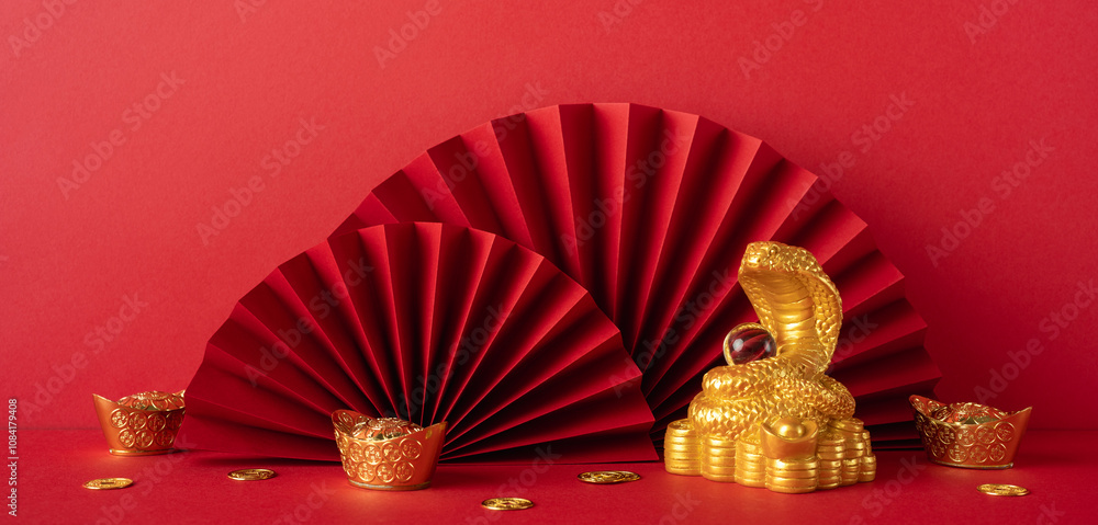 Elegant gold snake symbolizing Chinese New Year 2025 with red fans and ...