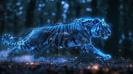 A majestic blue tiger, glowing with energy, streaks across a dark forest, leaving a trail of sparks in its wake.