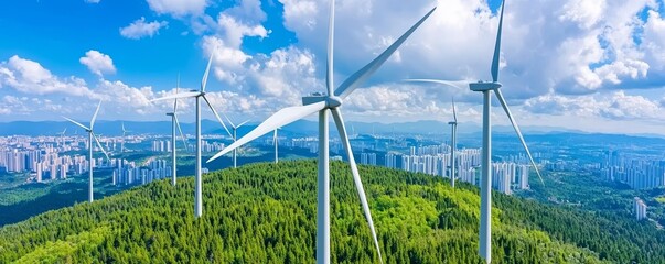 Wall Mural - City and wind turbines on forested hill, blending nature and industry, renewable energy focus