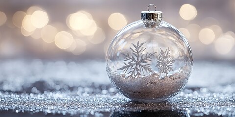 Sticker - A Crystal Ornament With Snowflakes Inside Resting on a Glittery Surface, Creating a Festive Atmosphere During the Holiday Season