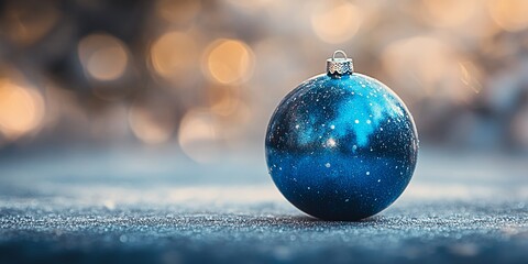 Poster - A Beautifully Designed Blue Christmas Ornament Depicting a Starry Night Sky, Resting on a Soft, Snowy Surface, Illuminated by a Warm Holiday Glow in a Festive Setting During Winter