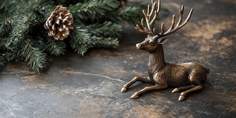 Poster - Decorative Bronze Reindeer Figurine Beside Pine Branches and a Pine Cone on a Dark Stone Surface, Perfect for Holiday Decorations During the Winter Season