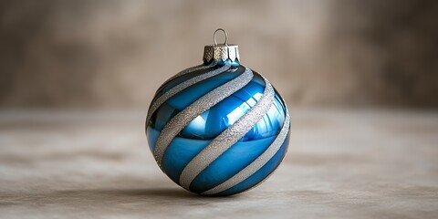 Canvas Print - A Beautifully Crafted Blue and Silver Striped Ornament Resting on a Neutral Surface, Perfect for Holiday Decorations and Celebrations During the Winter Season