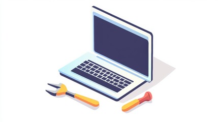 Leinwandbilder - A laptop lies open next to a pair of tools, a screwdriver and pliers, indicating an electronics repair task underway. Generative AI