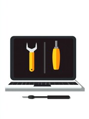 Leinwandbilder - A laptop shows icons of a screwdriver and wrench, symbolizing repair and maintenance tasks in a technical support environment. Generative AI