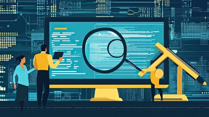 People Using Magnifying Glass on Code on a Computer Screen