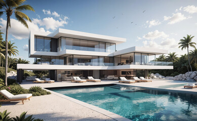 Poster - Large white house with a pool and a beach. The pool is surrounded by lounge chairs. There are several birds flying in the sky