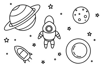  Explore the Cosmos: Space-Themed Page with Planets, Rockets, and Floating Astronauts