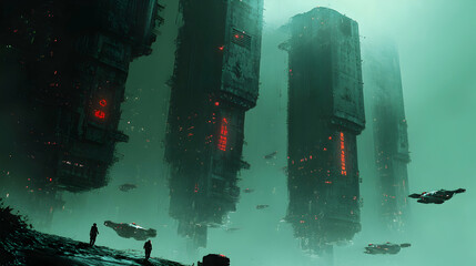 Wall Mural - Digital Art of Futuristic Cityscapes with Tall, Glowing Towers and Flying Vehicles in a Foggy Atmosphere