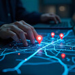 © MdAmin - Futuristic Digital Map Interface with Interactive Holographic Display. Businessman marking location pin points and search addresses on geolocation map application.
