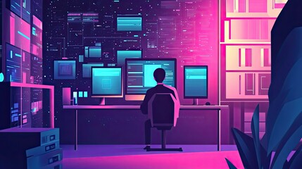 A lone programmer in a brightly lit office space