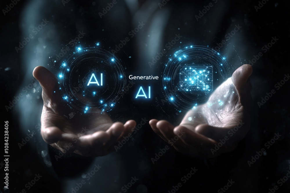 A businessman stands confidently, holding virtual icons of AI and generative technology in his hands. The setting conveys a modern business atmosphere, highlighting innovation and digital advancement.