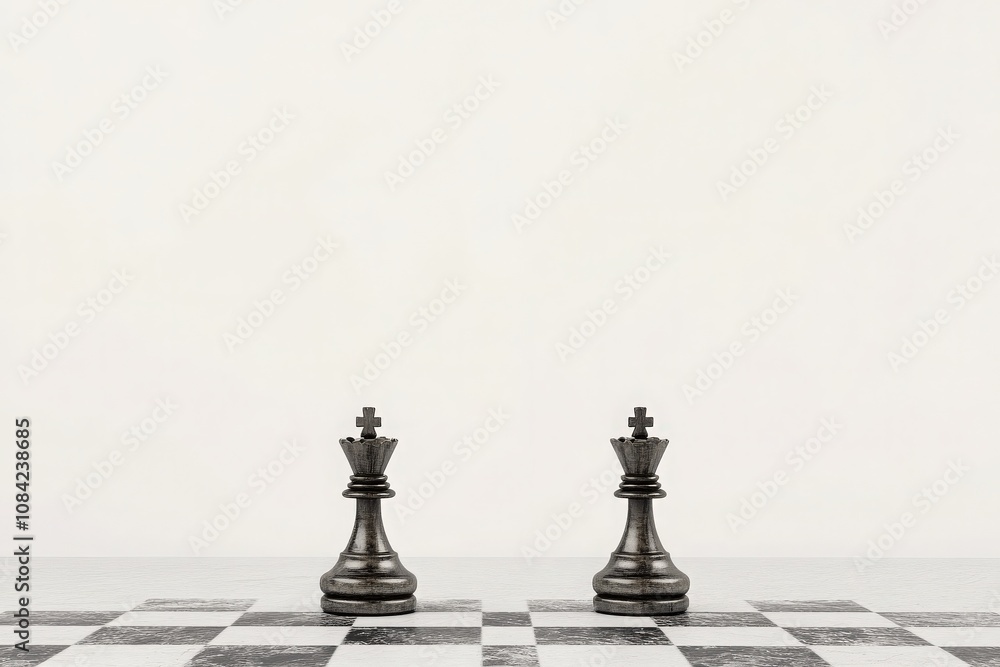 The chessboard features two kings lying down, signaling an end to the game. The stark contrast of black and white pieces creates a striking visual on a calm, neutral background.