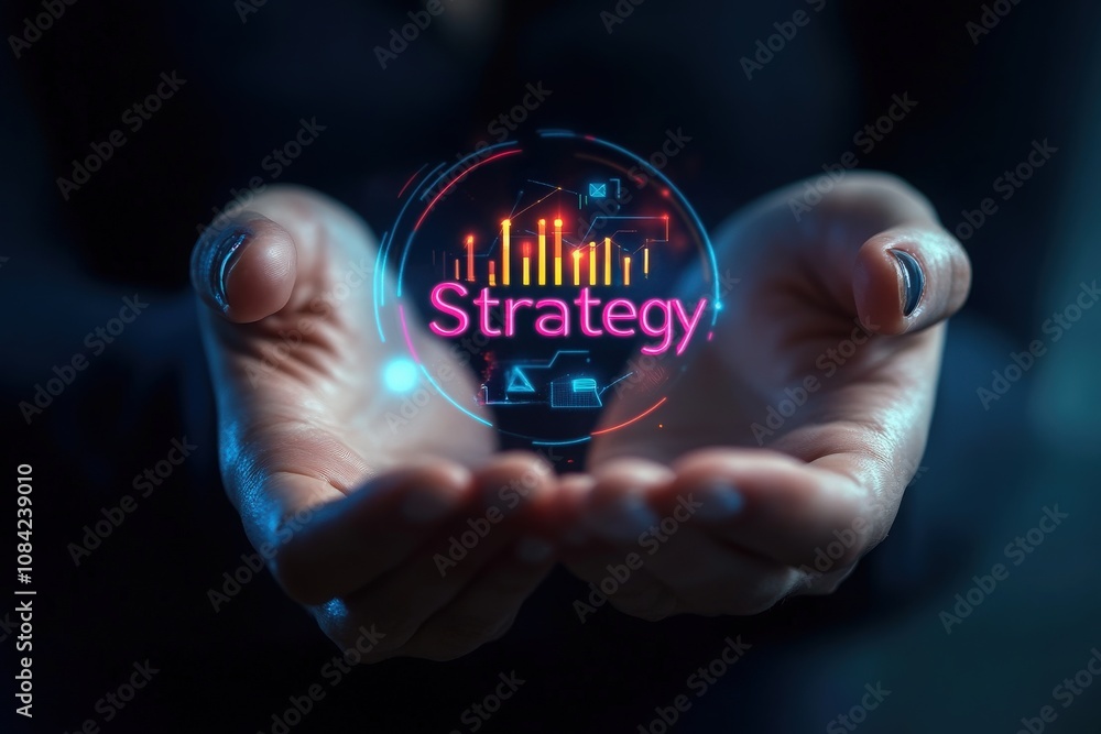 A consultant is engaged in a digital presentation, displaying virtual icons that represent strategy and data analysis. The setting appears modern and focused on technology.