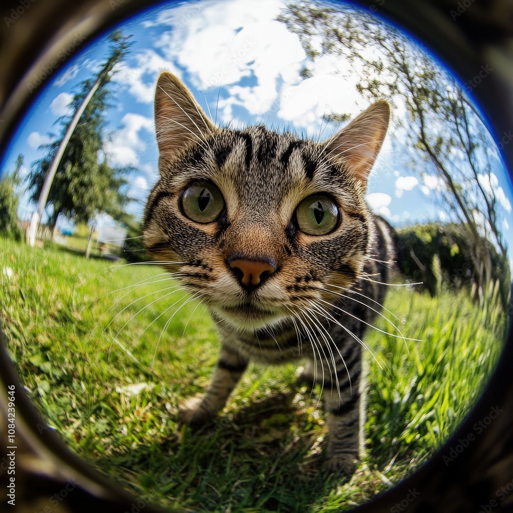 This adorable cat with distinct stripes cautiously approaches while exploring its grassy surroundings.