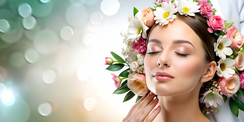 Soft abstract image of a woman receiving a facial treatment with floral elements copy space above. concept as An elegant soft abstract depiction of a woman receiving a facial treatment surrounded by d