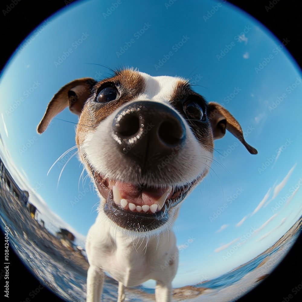 A cute little dog with a big smile explores the sandy beach under a clear blue sky, playfully engaging with its surroundings as the sun shines brightly.