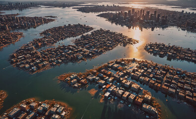 Poster - City with a lot of buildings and a body of water. The water is green and the buildings are brown