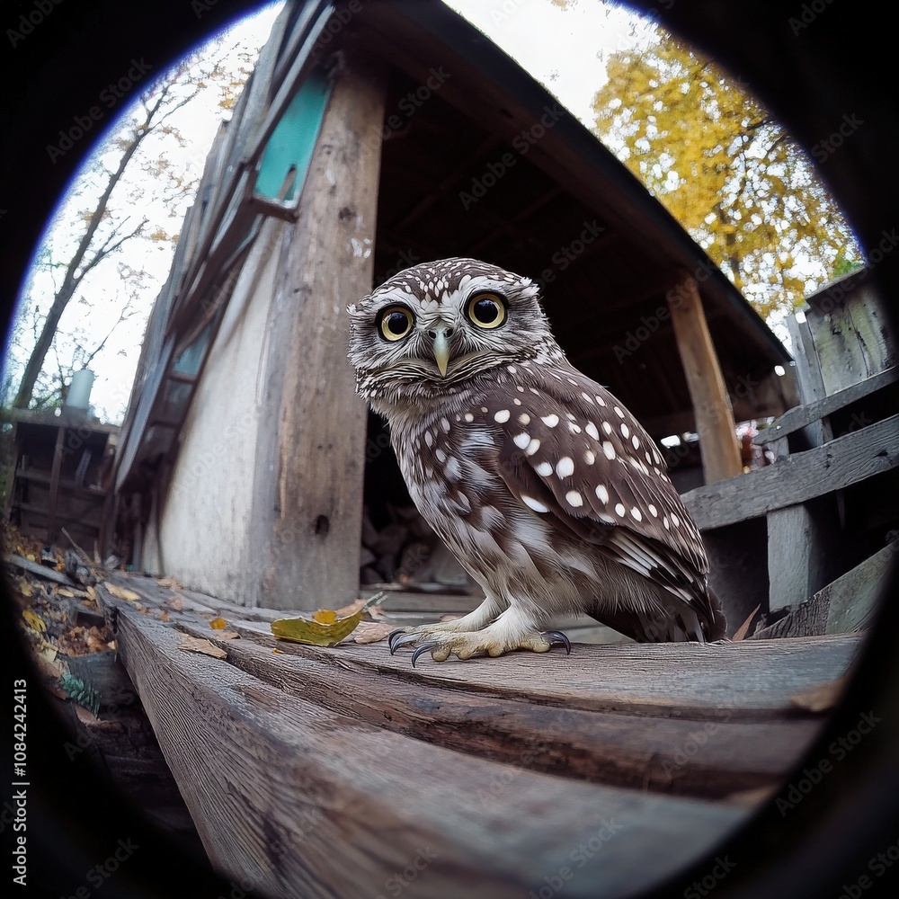 A small owl sits curiously on a wooden beam, surrounded by the rustic charm of autumn foliage. Its big eyes capture the serene atmosphere of a peaceful afternoon.