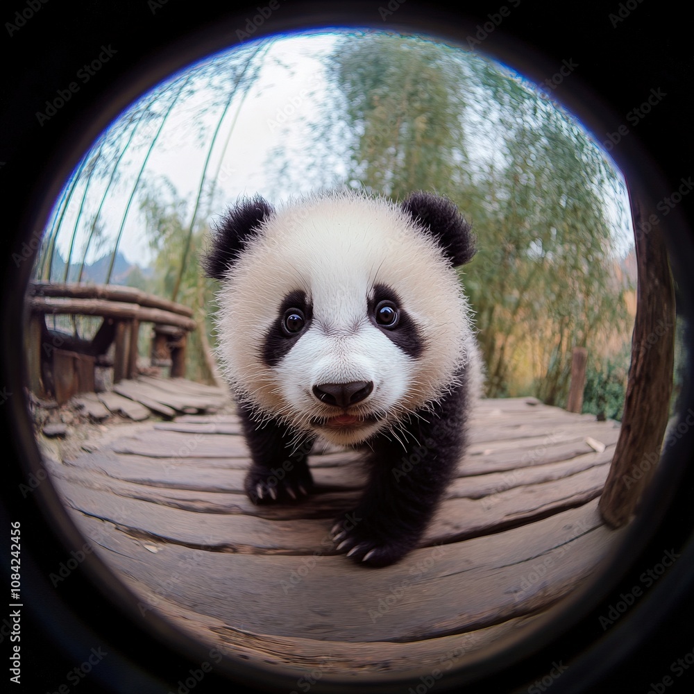 This adorable panda is slowly moving through a bamboo forest, showcasing its playful curiosity while surrounded by lush greenery. A delightful moment captures the essence of wildlife.