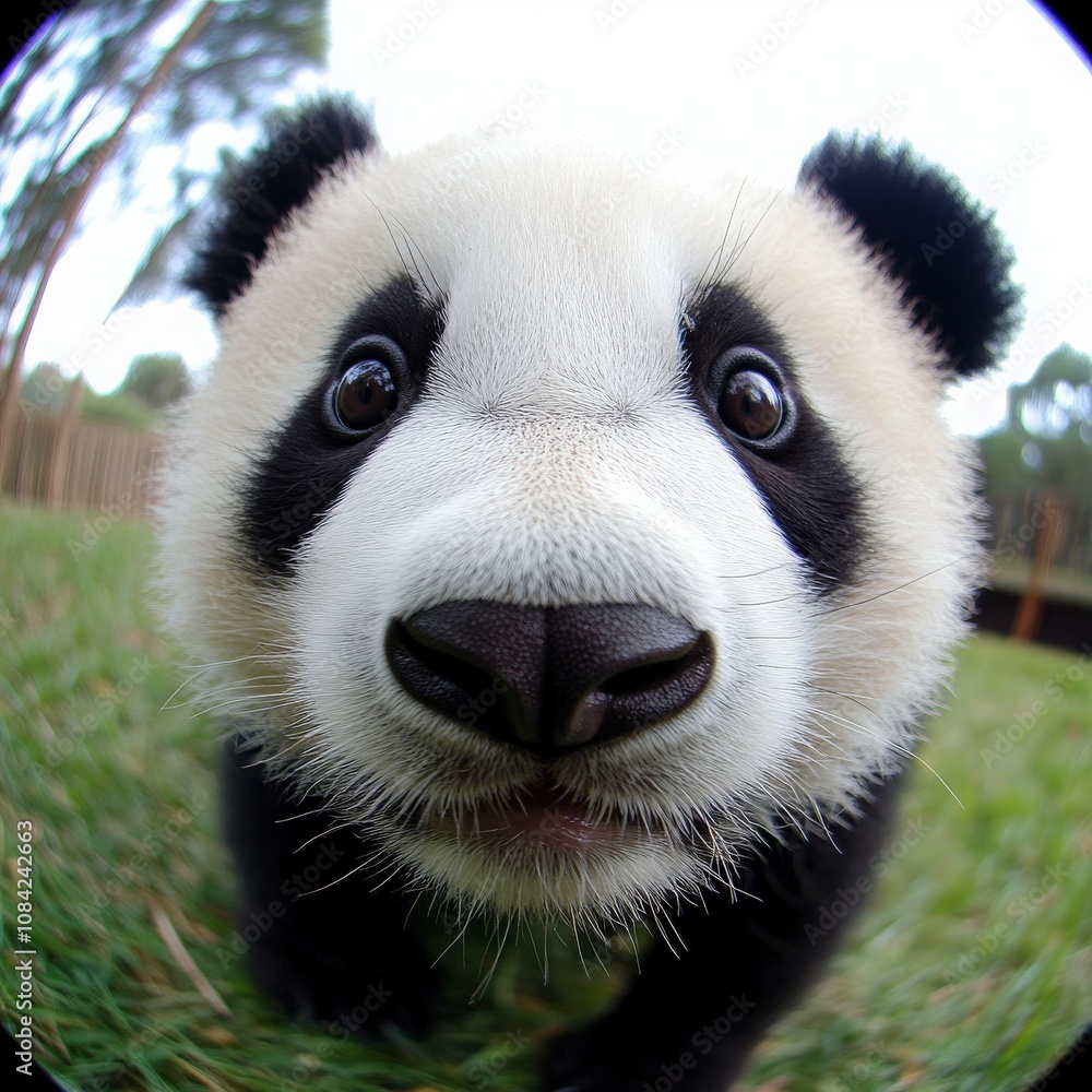 A small panda wanders through a vibrant green landscape, its curious eyes wide with wonder as it explores its surroundings under a bright sky.