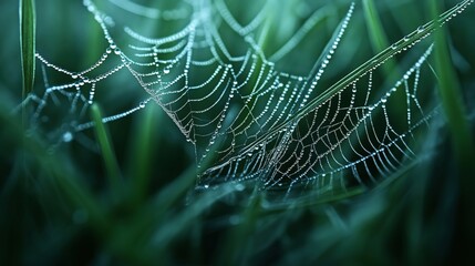 Close-up of a spider web covered in dew droplets on green grass in the early morning light, showcasing intricate patterns and a natural outdoor setting.