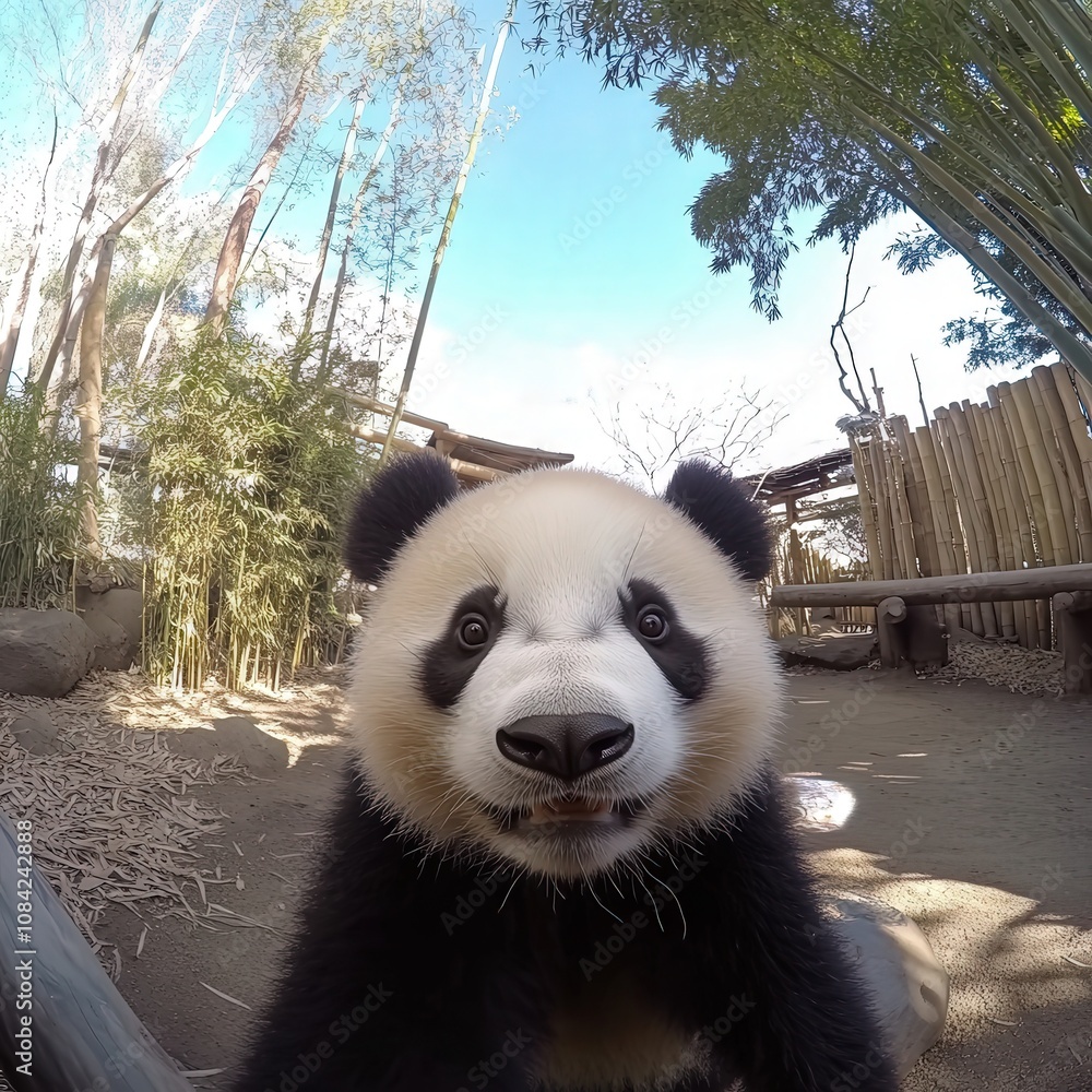 The adorable panda sits calmly in a serene environment filled with lush bamboo. It appears inquisitive as it gazes at its surroundings, showcasing its charming personality.
