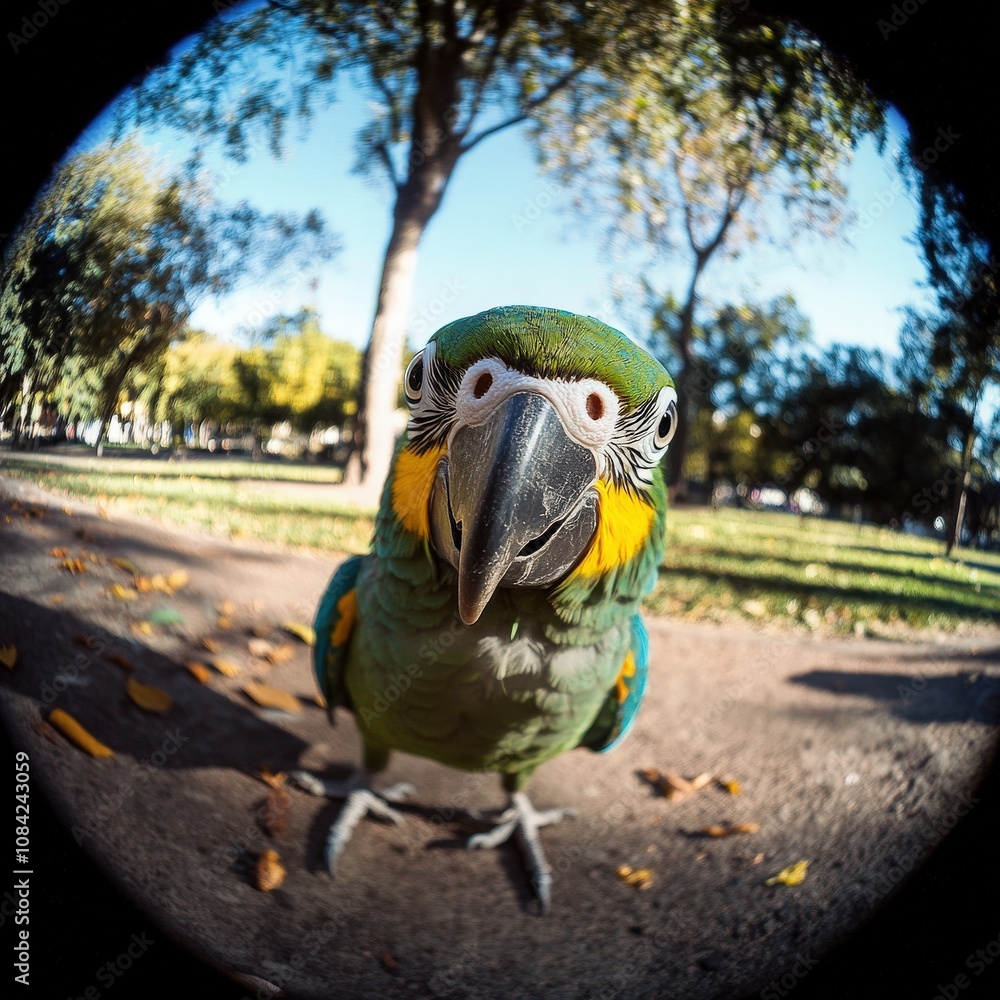 A charming parrot with vibrant feathers moves slowly through a park filled with trees. Its inquisitive gaze captures the essence of a bright and cheerful day outdoors.