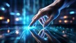 © intricateflow - A close up view of a human finger touching an interactive display screen; a digital display screen illuminating the hand while interacting with the surface; advanced technology; selective focus; tech