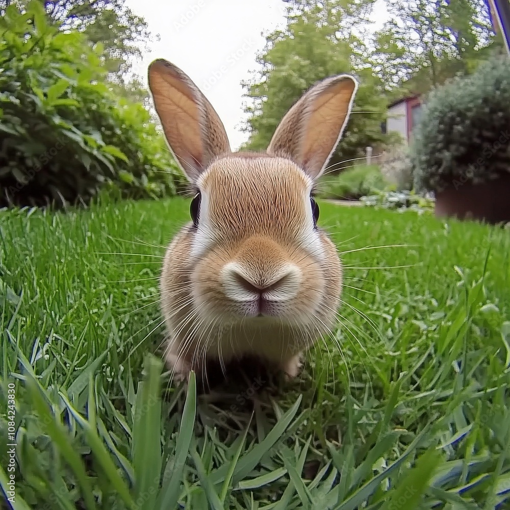 A small rabbit hops around in a vibrant garden filled with tall grass and greenery. The sun shines gently, illuminating its soft fur and curious expression as it investigates its surroundings.